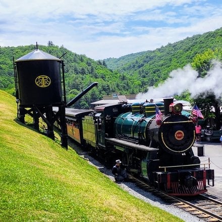 Vintage steam locomotive with passenger cars traveling through green valley landscape with water tower