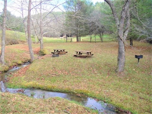Outdoor park area with picnic tables, bare trees, creek, and mailbox on grassy grounds