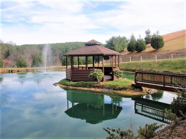 Wooden gazebo on a pond with a wooden bridge, surrounded by green fields and forest