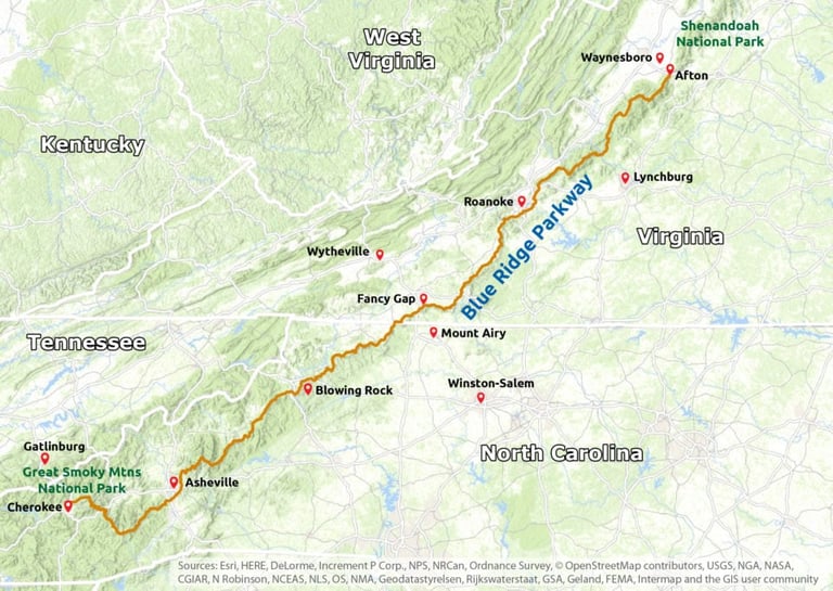 Map showing the Blue Ridge Parkway route through Virginia, North Carolina, Tennessee and Kentucky with marked cities and landmarks.